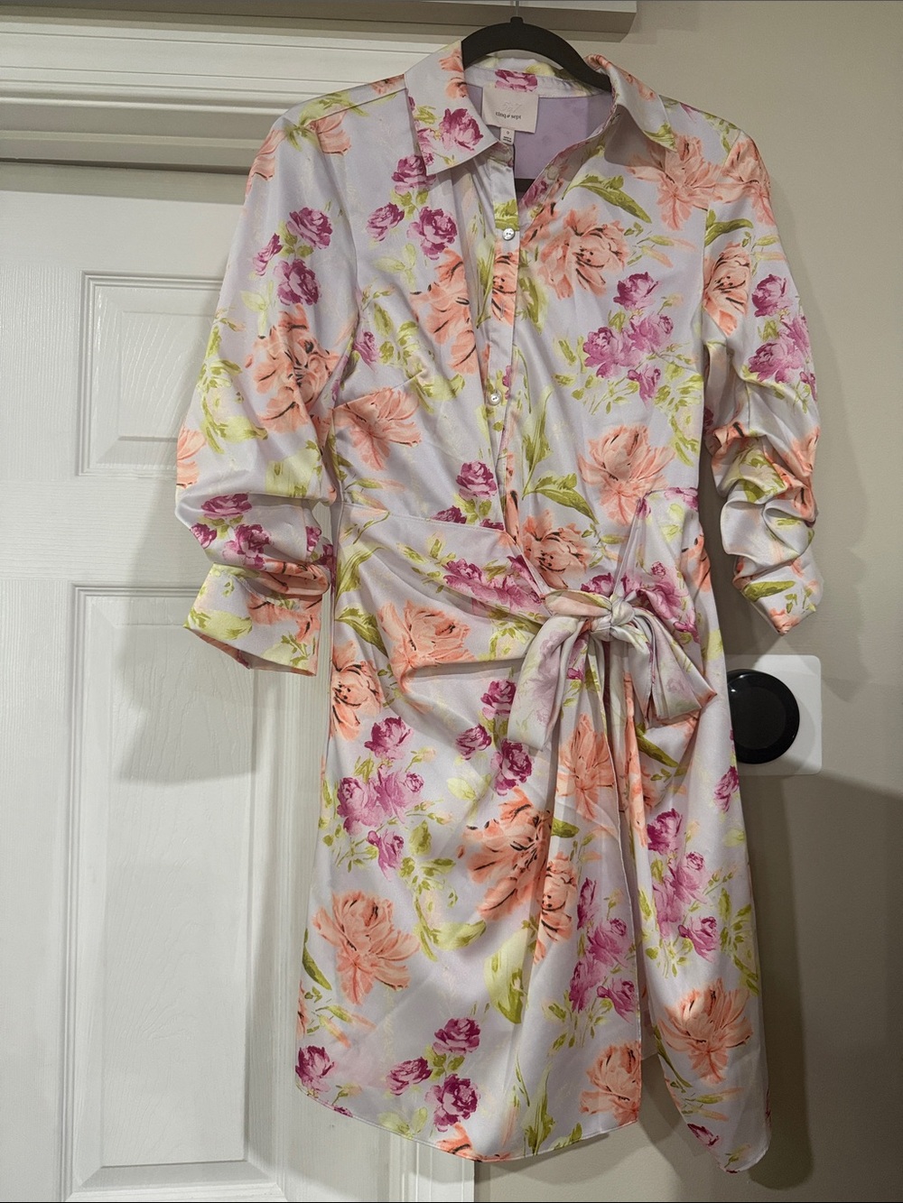 cinq a sept Lavender Floral Tie-Waist Shirt Dress with Peach & Pink Blooms